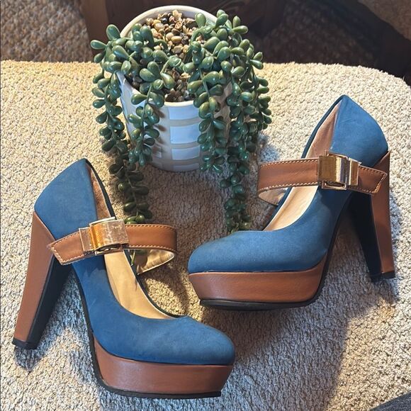 Blue and Brown Women's Platform Heels - Picture 1 of 15